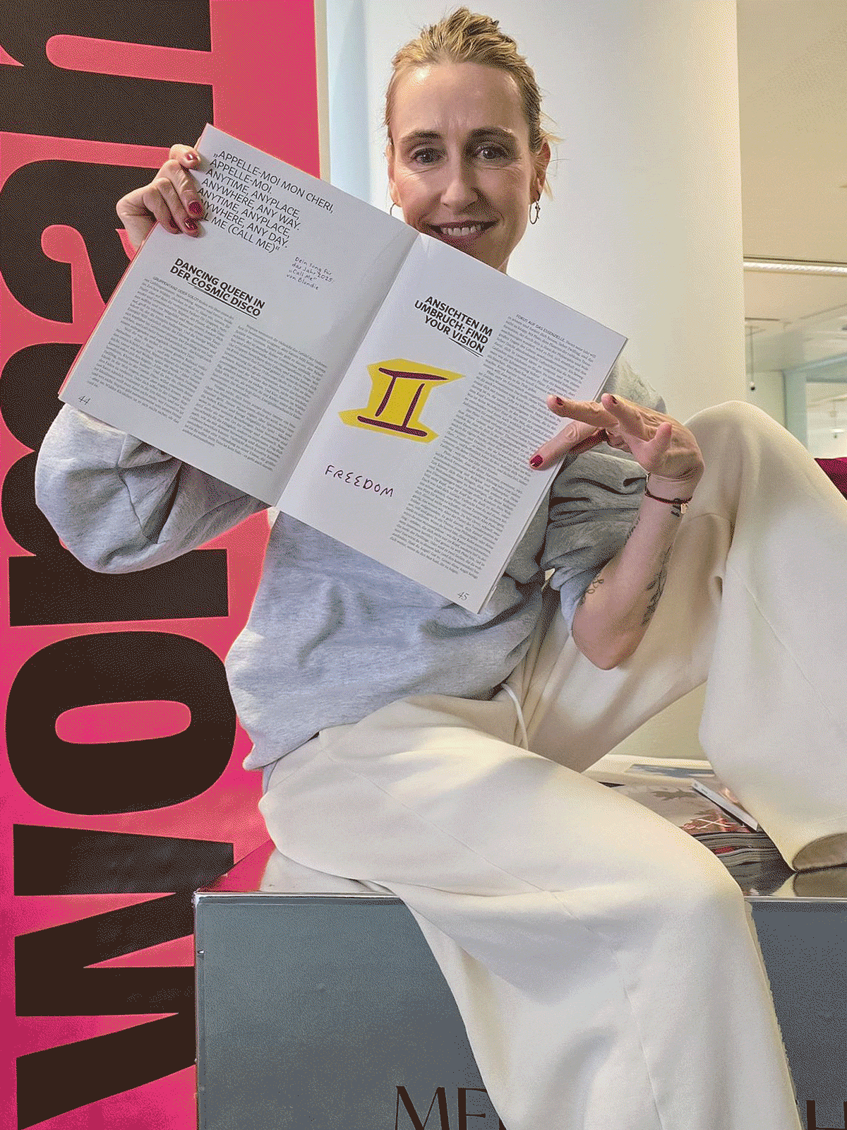 Berit with a magazine, different magazines with her articles